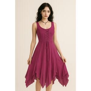 Boho Fairycore Handkerchief Hem Dress Burgundy Lace Up Corset Peasant Festival M